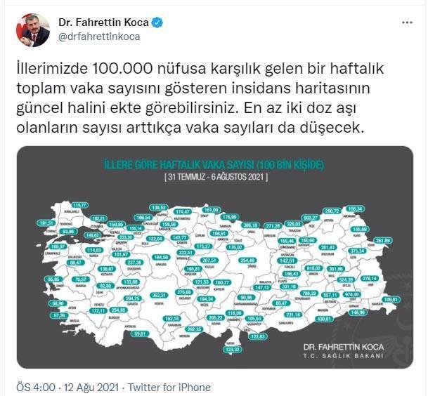 İllerin vaka sayısı haritası güncellendi