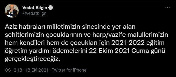 Bakan Bilginden şehit çocukları için eğitim-öğretim yardımı açıklaması