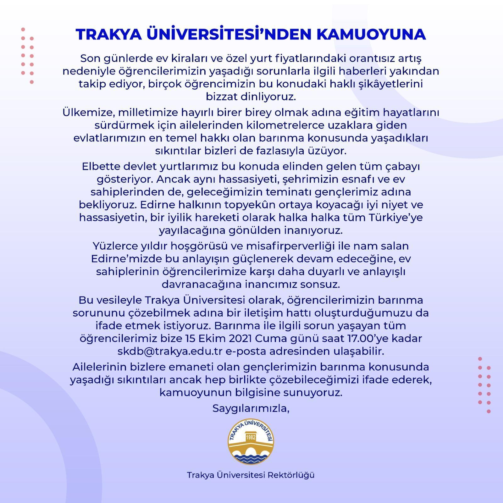 Trakya Üniversitesi’nden özel yurt ücreti ve ev kiralarına karşı ‘duyarlılık’ çağrısı