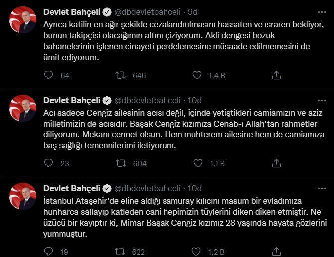 Bahçeliden Başak Cengiz açıklaması: Katilin en ağır şekilde cezalandırılmasının takipçisi olacağım
