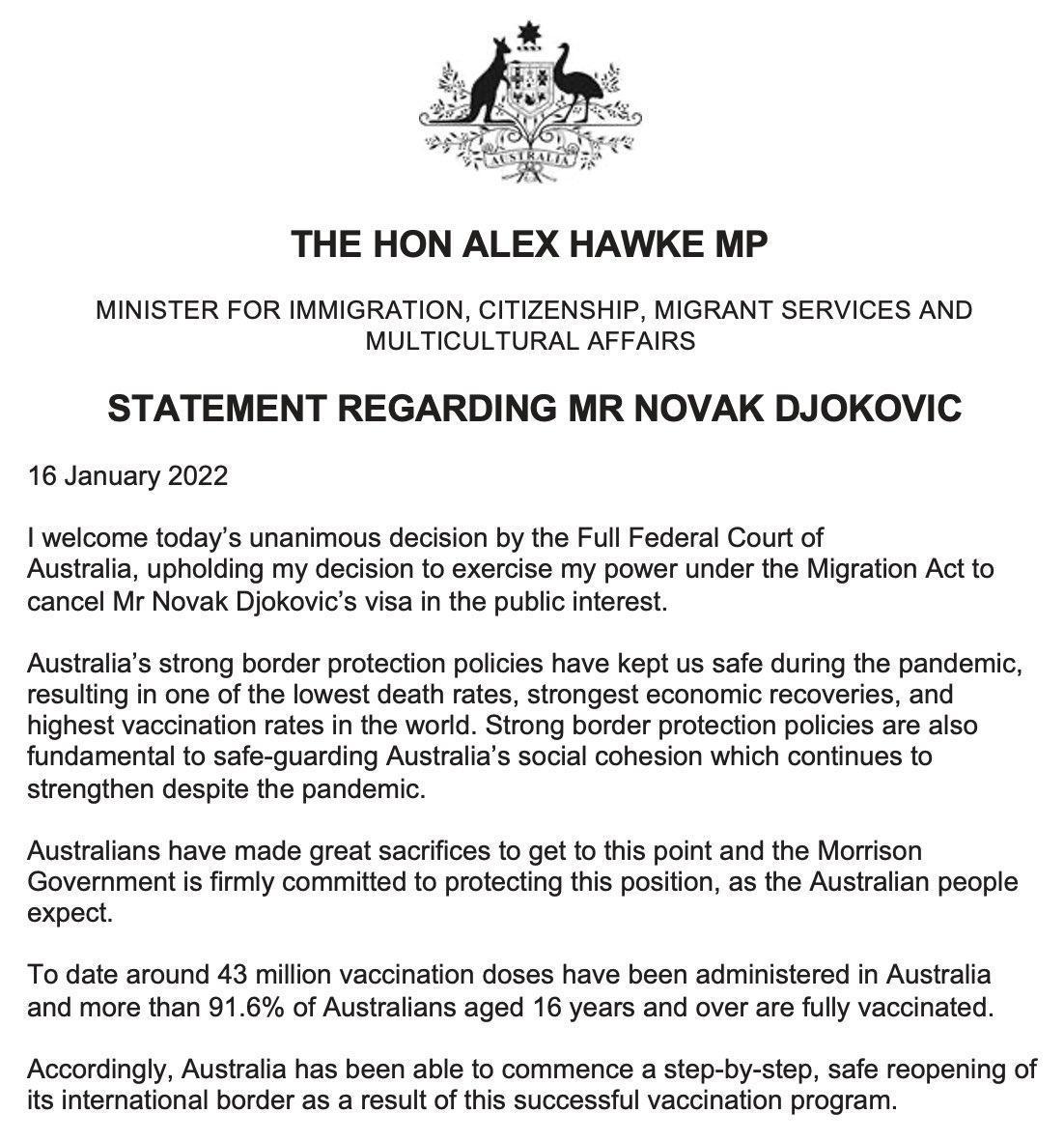 Avustralya Göç Bakanı: Djokovicin ülkeden ayrıldığını doğrulayabilirim