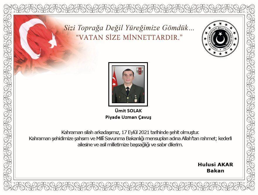 MSB: Irakın kuzeyinde EYP patlaması sonucu 1 asker şehit oldu