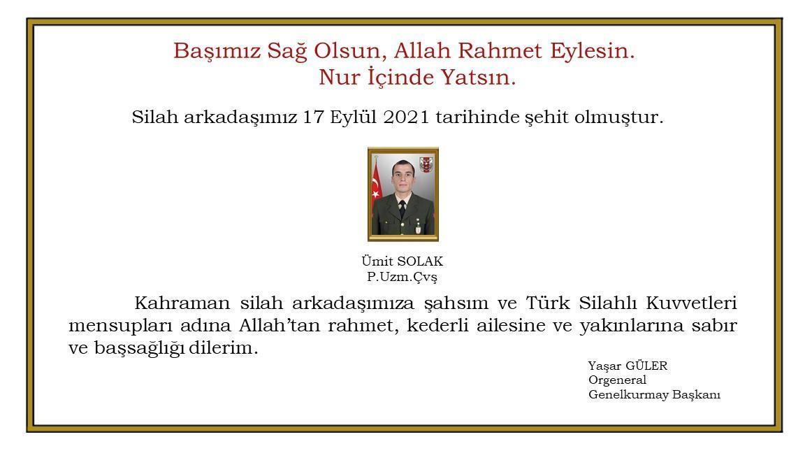 MSB: Irakın kuzeyinde EYP patlaması sonucu 1 asker şehit oldu