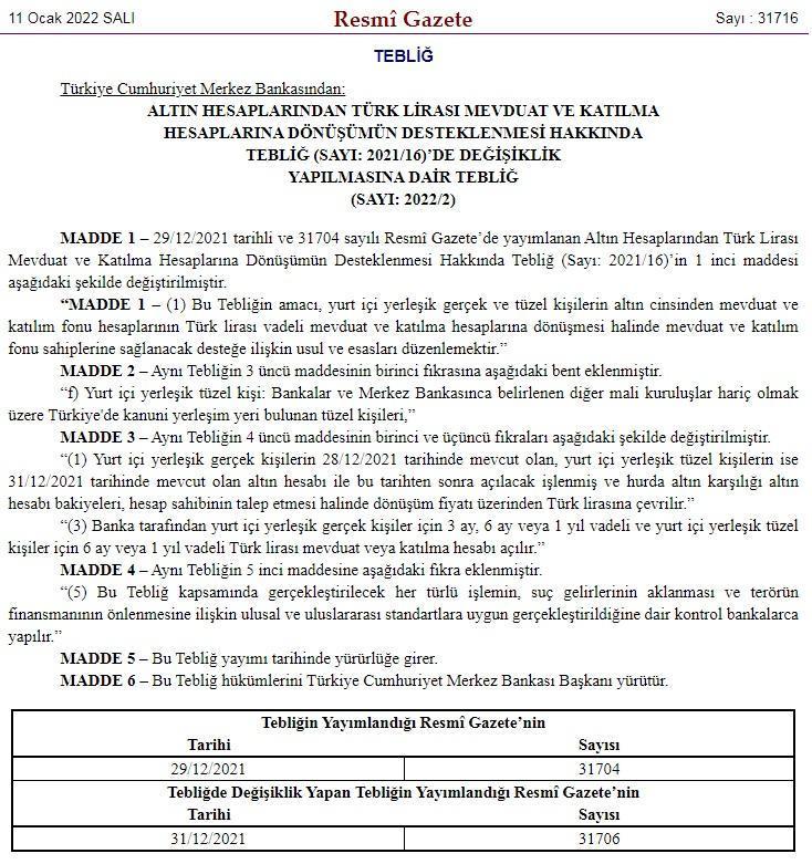 Döviz ve altın hesaplarının TL mevduatına dönüşüm esaslarında yapılan değişiklikler Resmi Gazetede