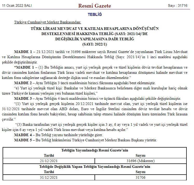 Döviz ve altın hesaplarının TL mevduatına dönüşüm esaslarında yapılan değişiklikler Resmi Gazetede