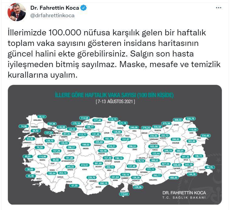 İllere göre haftalık vaka sayısı haritası güncellendi