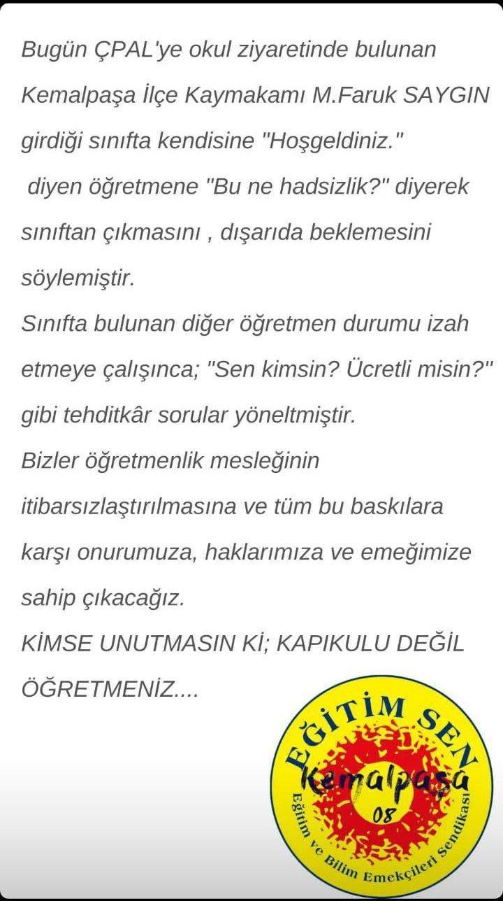 Kemalpaşa’da kaymakam öğretmeni sınıftan kovdu iddiası