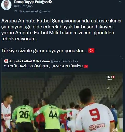 Cumhurbaşkanı Erdoğan, Ampute Futbol Milli Takımını kutladı