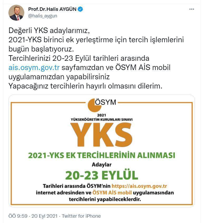 ÖSYM Başkanı Aygün: YKS birinci ek yerleştirme tercih işlemlerini bugün başlatıyoruz