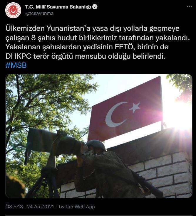 MSB: Yunanistana geçmeye çalışan 7 FETÖ, 1 DHKP-C mensubu yakalandı