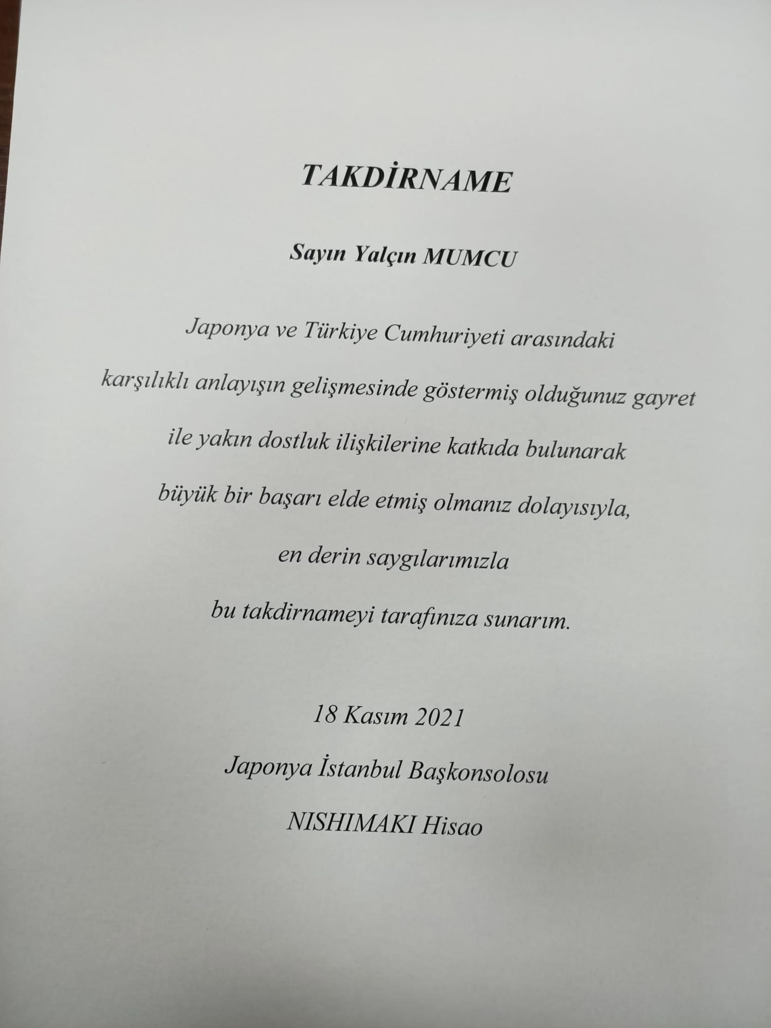 Japonyadan, depremde yardımlarına koşan AFAD ekibine anlamlı takdirname