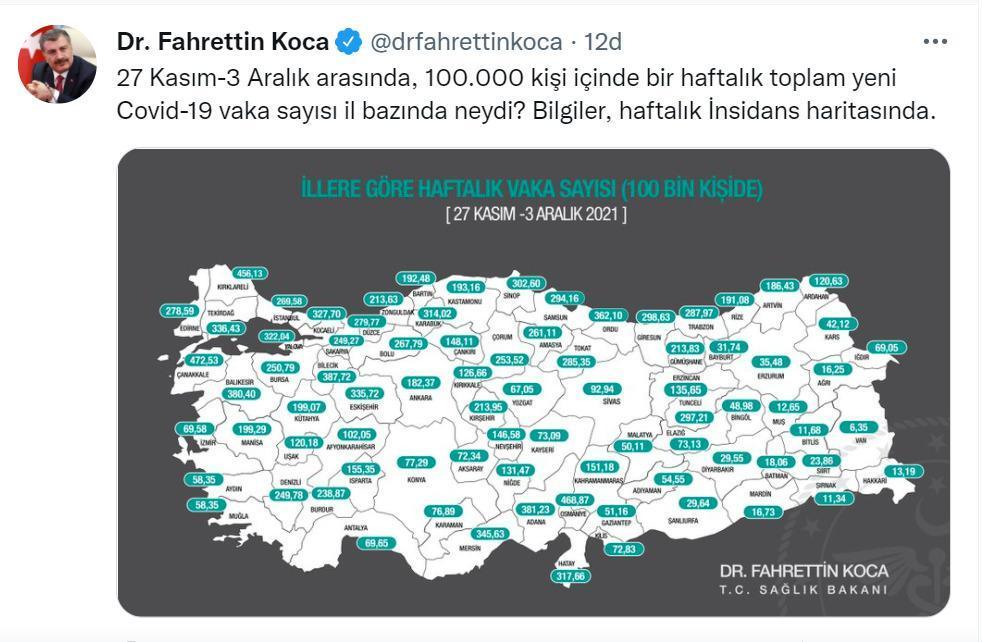 İllerin haftalık vaka sayısı haritası güncellendi