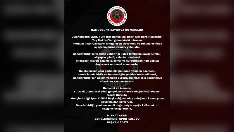 Gençlerbirliği’nde yeni başkan adayı Mithat Akar oldu