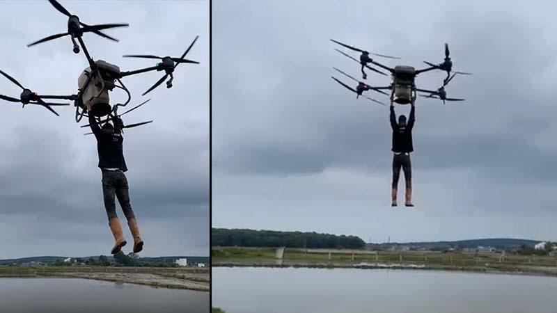 Çiftçi, drona tutunarak tarlanın diğer tarafına geçti