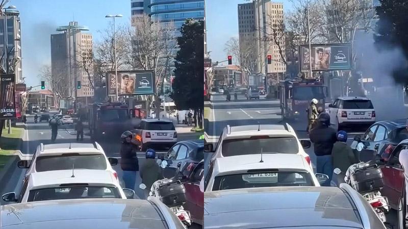 Şişli’de cipin lastikleri alev alev yandı; trafik kilitlendi
