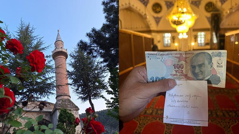 Camide namaz kılarken telefonunu şarj etti, not yazıp 100 TL bıraktı