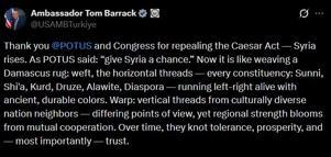 ABD Suriye Özel Temsilcisi Barrack'tan 'Sezar Yasası' teşekkürü
