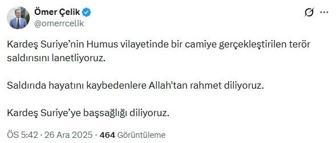 AK Parti'li Çelik: Kardeş Suriye'de gerçekleştirilen terör saldırısını lanetliyoruz