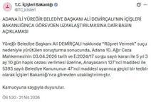 Yüreğir Belediye Başkanı Demirçalı, görevden uzaklaştırıldı