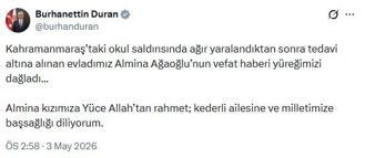 İletişim Başkanı Duran'dan okuldaki saldırının ardından yaşamını yitiren Almina için başsağlığı