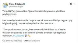 Emine Erdoğan, LGS’ye girecek öğrencilere başarı diledi