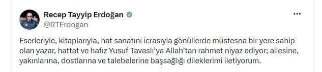 Cumhurbaşkanı Erdoğan'dan yazar Yusuf Tavaslı için taziye mesajı