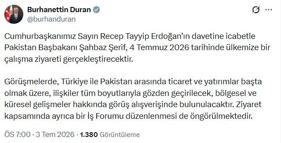 Pakistan Başbakanı Şerif, Türkiye'ye gelecek