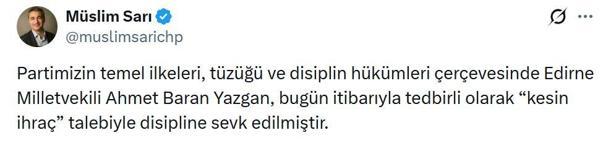 CHP Edirne Milletvekili Yazgan, 'kesin ihraç' talebiyle disipline sevk edildi