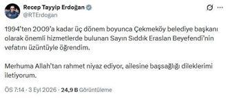 Cumhurbaşkanı Erdoğan'dan, vefat eden eski Çekmeköy Belediye Başkanı Eraslan için taziye mesajı