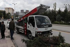 Yük asansörlü kamyonet parka girdi, ağaçlara çarpıp durdu