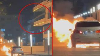 Alev alan otomobile, balkondan hortumla su sıktı; o anlar kamerada