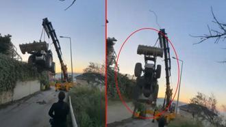 Vinçle taşınan kepçe, halat kopunca 5 metreden düştü; o anlar kamerada