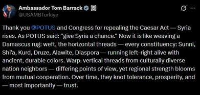 ABD Suriye Özel Temsilcisi Barrack'tan 'Sezar Yasası' teşekkürü