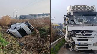 Hafriyat kamyonunun çarptığı karavan şarampole yuvarlandı