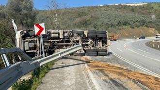 Bariyerleri aşan kamyon devrildi; 3 yaralı
