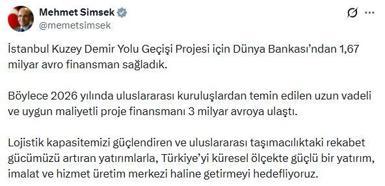 Bakan Şimşek: İstanbul Kuzey Demir Yolu Geçişi Projesi için 1,67 milyar avro finansman sağladık