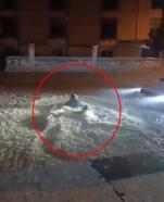 Sağanakta göle dönen sokakta yüzdü