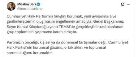 CHP Sözcüsü Sarı: Kılıçdaroğlu, yarın grup toplantısı yapmayacak