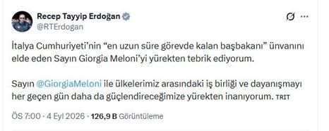 Cumhurbaşkanı Erdoğan’dan, İtalya Başbakanı Meloni’ye tebrik mesajı