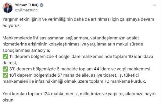 Bakan Tunç açıkladı; 124 yeni mahkeme kuruldu