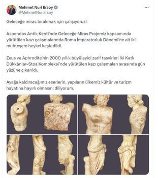 Bakan Ersoy: Antalya'da 2 bin yıllık Zeus ve Aphrodite heykelleri bulundu