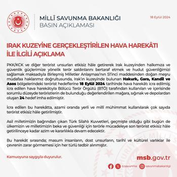 MSB: Irak'ın kuzeyinde teröristler tarafından kullanılan 24 hedef imha edildi