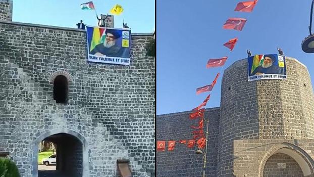 Diyarbakır'da tarihi surlara, Hasan Nasrallah’ın posteri asıldı