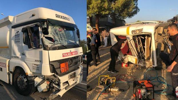 İşçi minibüsüyle tanker çarpıştı: 12 yaralı