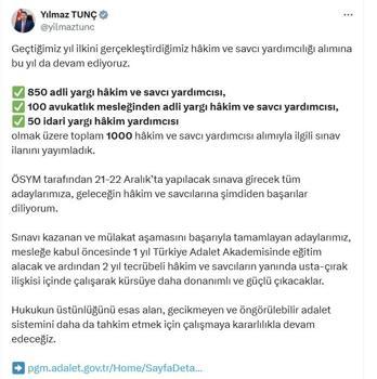 1000 hakim ve savcı yardımcısı alımına ilişkin sınav ilanı yayımlandı