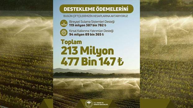 Bakanlıktan çiftçilere 213 milyon 477 bin TL destek ödemesi