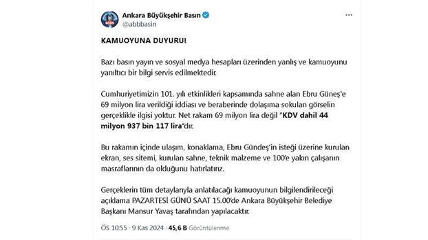 Ankara Büyükşehir'den Ebru Gündeş'e 69 milyon TL verildiği iddiasına açıklama