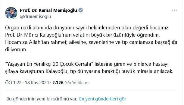 Sağlık Bakanı Memişoğlu'ndan Prof. Dr. Münci Kalayoğlu için taziye mesajı