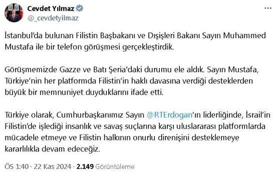 Cumhurbaşkanı Yardımcısı Yılmaz, Filistin Başbakanı Mustafa ile görüştü