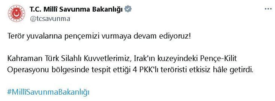 MSB: Irak'ın kuzeyinde 4 terörist etkisiz hale getirildi